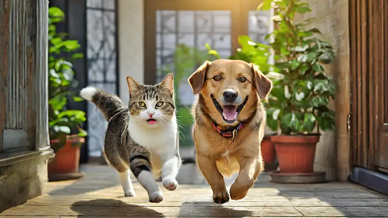 走り回る犬と猫