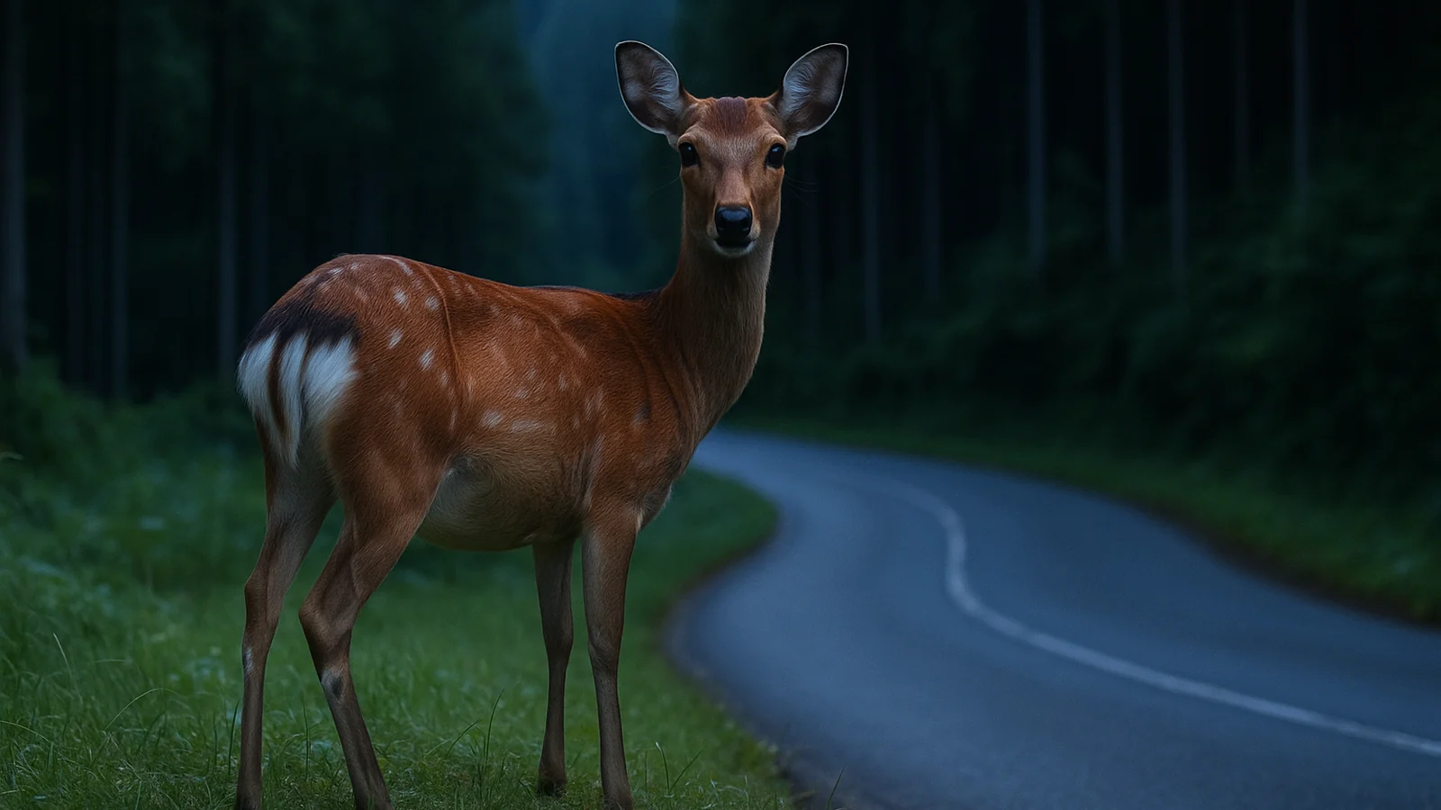 夕暮れの山道の路肩に立ち、こちらを見るニホンジカ