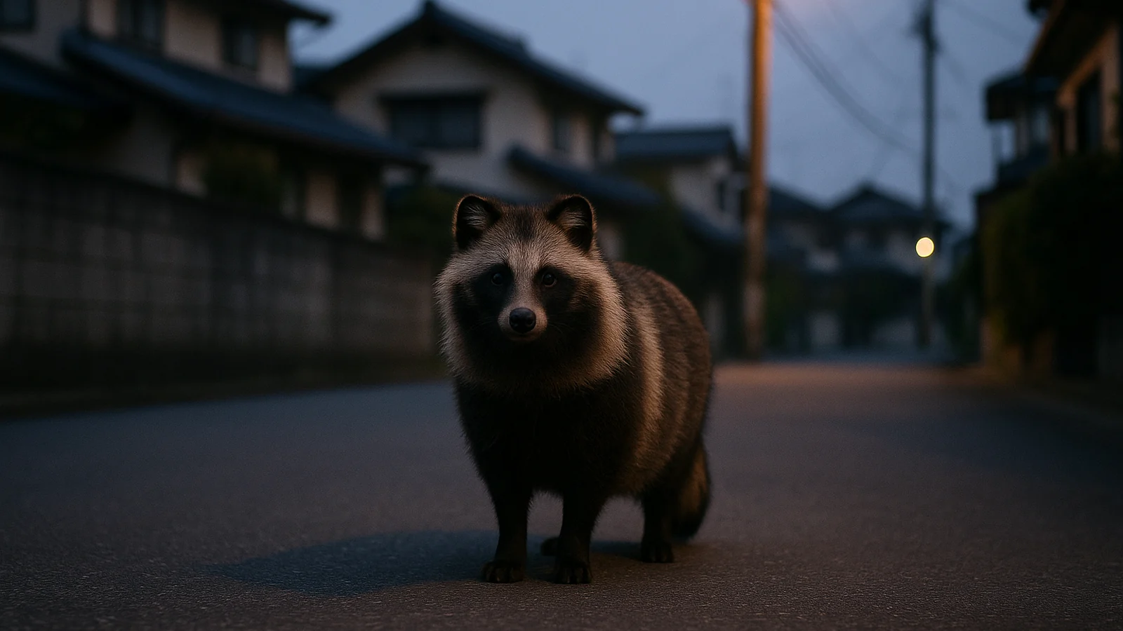 夕暮れの住宅街の道路に立つタヌキ