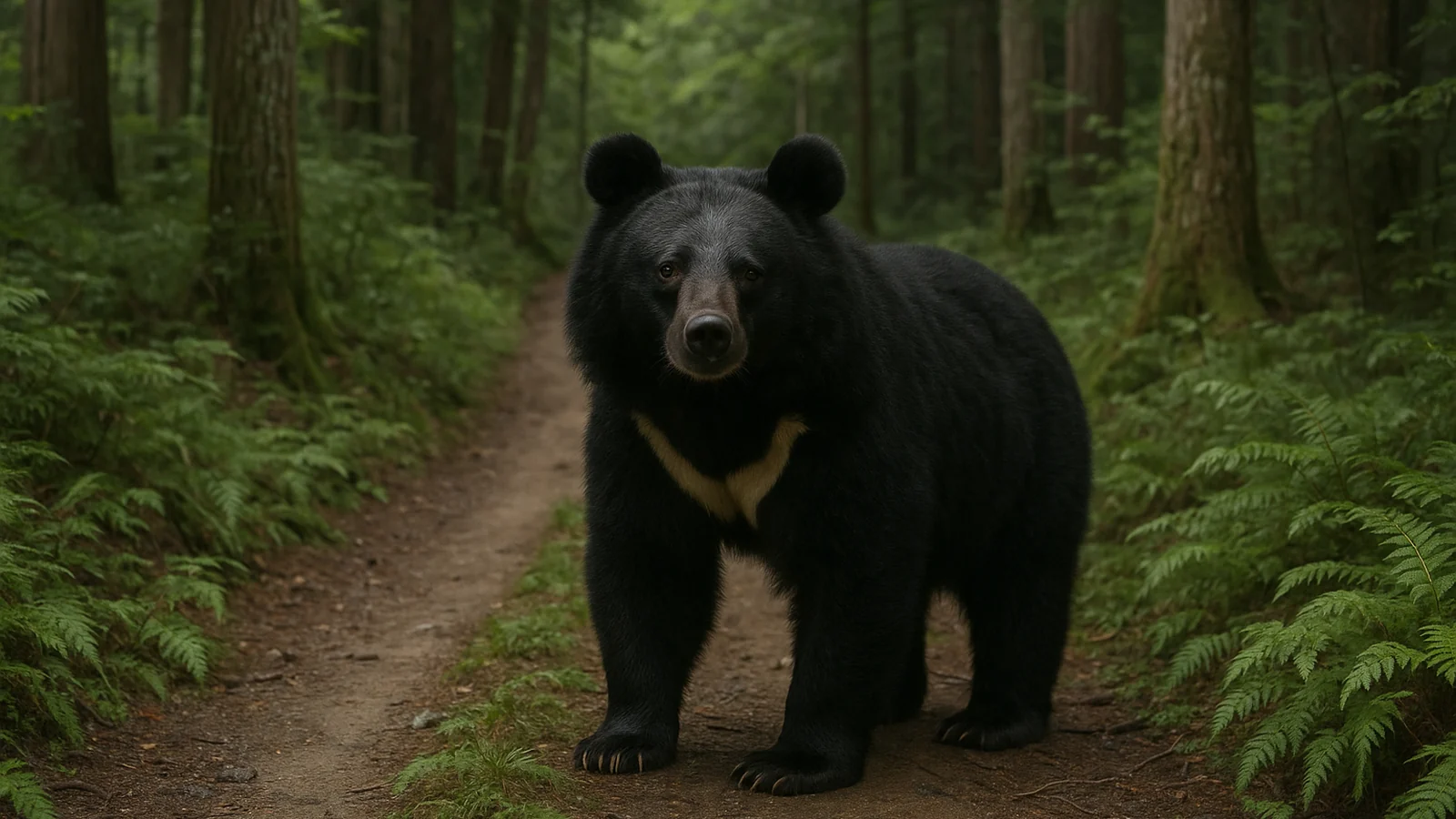 山道の真ん中に立ち、こちらを見ているツキノワグマ