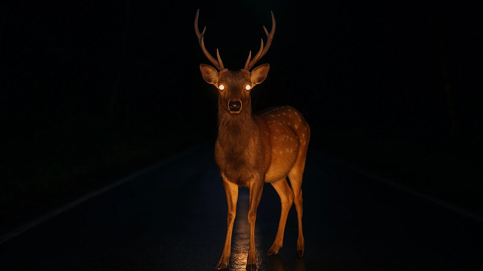 夜の道路の真ん中で、車のライトに照らされて動かないシカ
