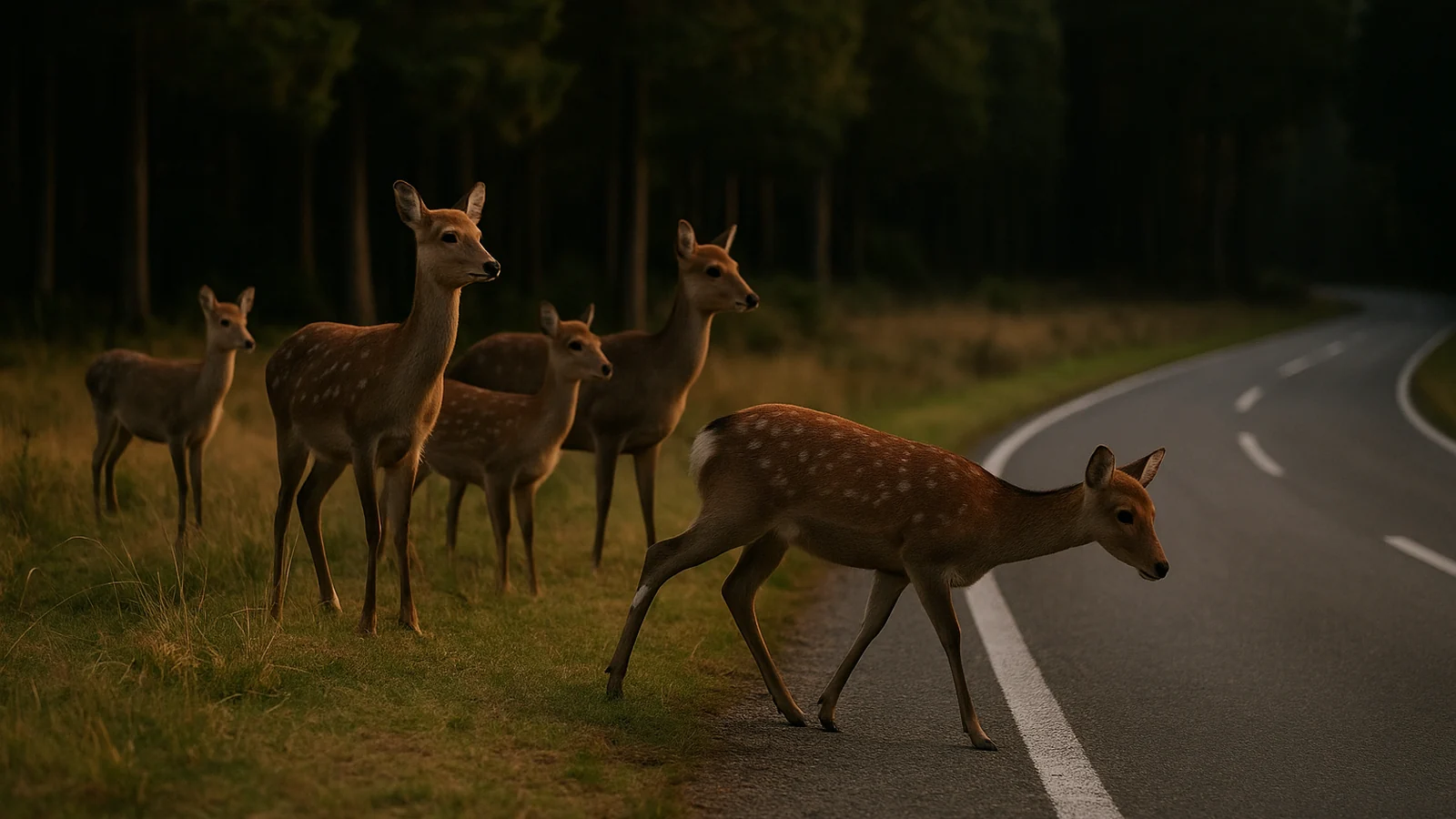 夕暮れの道路脇に集まる複数頭のシカ。1頭が道路に踏み出している