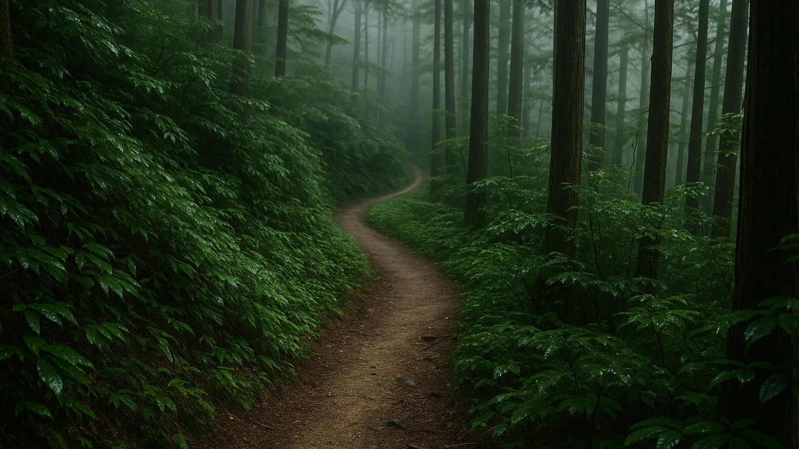先が見えないほど急に曲がる、朝もやの山道